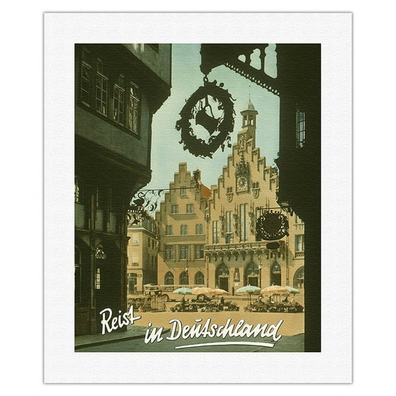 Travel to Germany (Reist in Deutschland) - The Roman (Römer) Old Town Hall - Frankfurt - Vintage Travel Poster c.1950s - Fine Art Rolled Canvas Print 16in x 20in