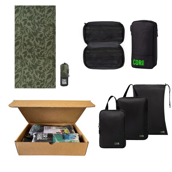 Travel Gift Box Set: Includes COR Surf Premium Toiletry Travel Bag, Compression Packing Cube Set and our Premium Compact and Quick Dry Travel Beach Towel (Kona)