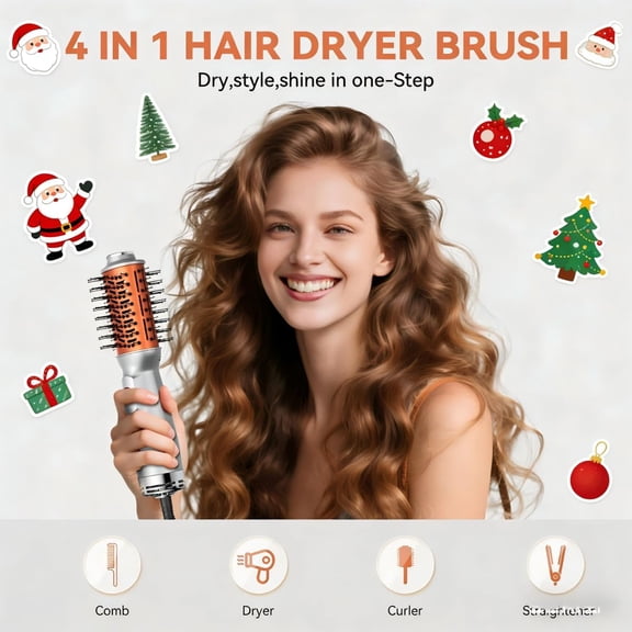 Travel Hair Dryer Brush, Double Voltage 100240V 4-in-1 Hot Air Brush with 3 Heat & 2 Speed Settings for Drying, Straightening, Curling & Volumizing, Mini Ionic Thermal Blow Dryer Brush for Women