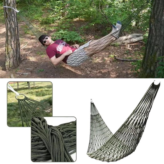 Travel Hammock, Outdoor Camping Hammock, Outdoor Sport Hammocks Army Green Net Mesh Nylon Sleeping Bed with Hooks for Hiking Traveling Camping Hunting Garden Beach