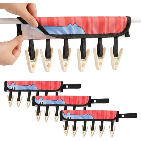 Travel Hanger Clips 3-Pack Folding 6-Clip Towel Swimsuit Drying Rack Compact Suitcase Blue Hippo