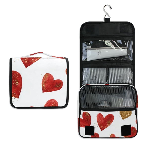 Travel Hanging Toiletry Bag Home Cosmetic Organizer Makeup Bag Red Hearts Gold Glitter