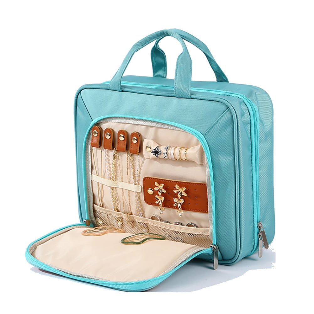 Travel Hanging Toiletry Bag, Jewelry Organizer with Dry Wet Separation, Large Capacity Cosmetic Bag with Trolley Strap, Foldable Hanging Design for Travel & Home