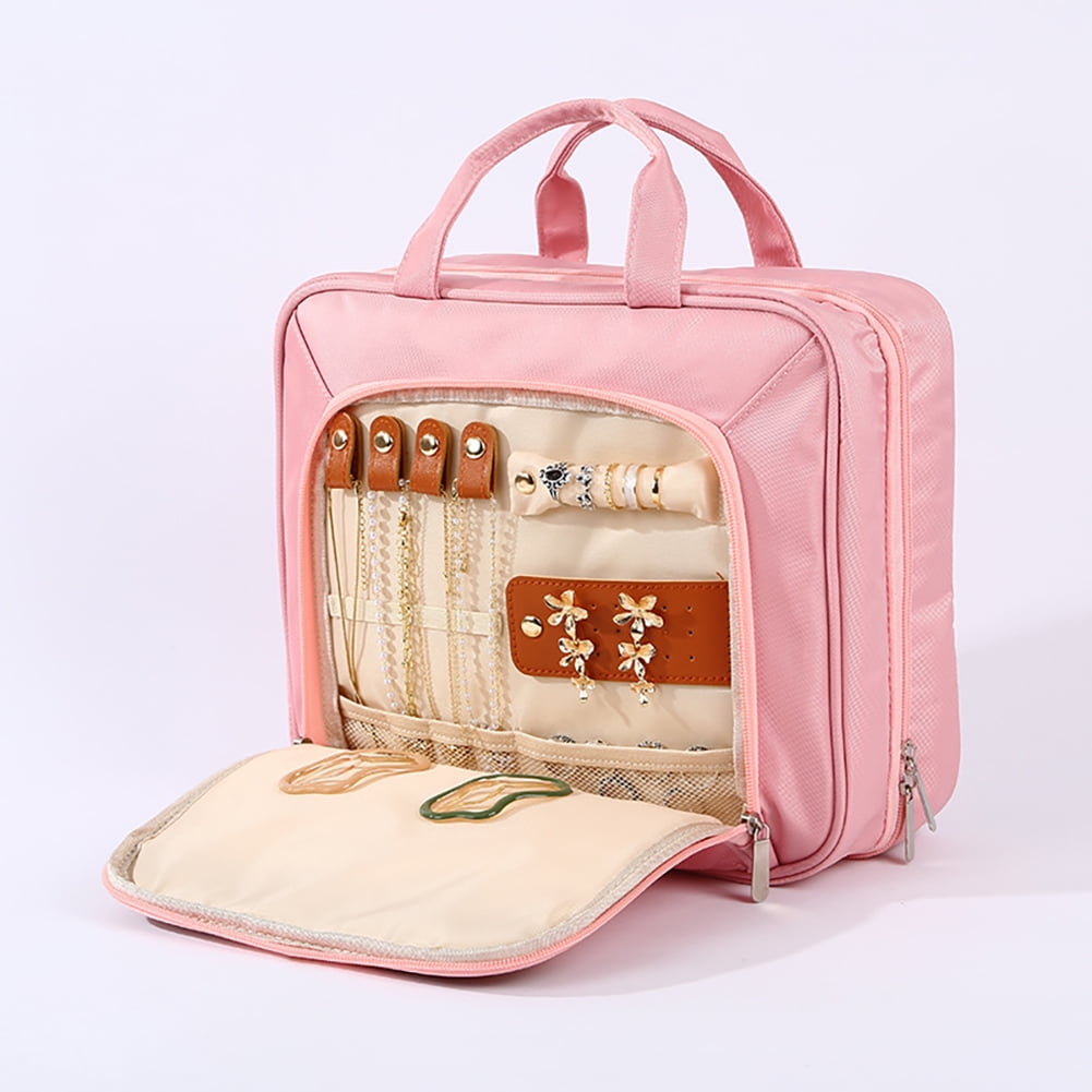 Travel Hanging Toiletry Bag, Jewelry Organizer with Dry Wet Separation, Large Capacity Cosmetic Bag with Trolley Strap, Foldable Hanging Design for Travel & Home