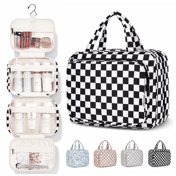 Travel Toiletry Bag for Women, 4-Layer Checkered Makeup Bag with Hanging Hook, Waterproof Foldable Dopp Kit for Travel Size Essentials, Brushes, Cosmetics (Black Checkerboard)