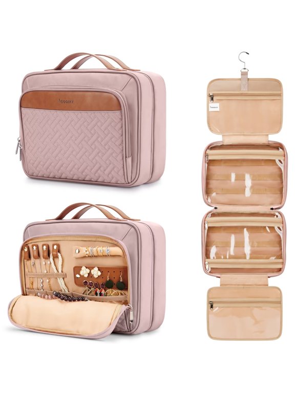 Travel Hanging Toiletry Bag for Women, Extra Large Makeup Bag, Holds Full-Size Shampoo, with Jewelry Organizer Compartment, Waterproof Cosmetic Bag, Toiletries Kit Set with Trolley Belt, Baby Pink