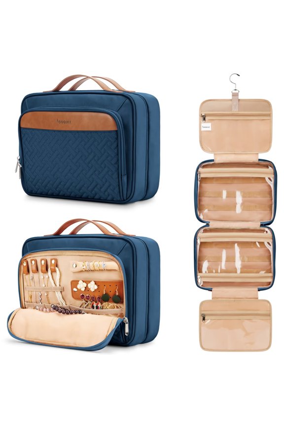 Travel Hanging Toiletry Bag for Women, Extra Large Makeup Bag, Holds Full-Size Shampoo, with Jewelry Organizer Compartment, Waterproof Cosmetic Bag, Toiletries Kit Set with Trolley Belt, Navy Blue