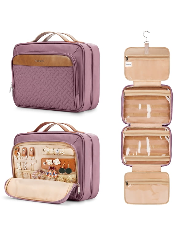 Travel Hanging Toiletry Bag for Women, with Jewelry Organizer Compartment, Medium Waterproof Hanging Makeup Accessories, Cosmetic Essentials, Toiletries Dopp Kit Set with Trolley Belt, Dark Purple