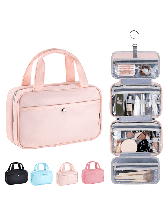 Travel Hanging Toiletry Bag for Women - Waterproof Cosmetic Organizer with Clear Window, Lightweight Bathroom Bags for Essentials, Makeup, Shampoo, Toiletries Pink, Medium
