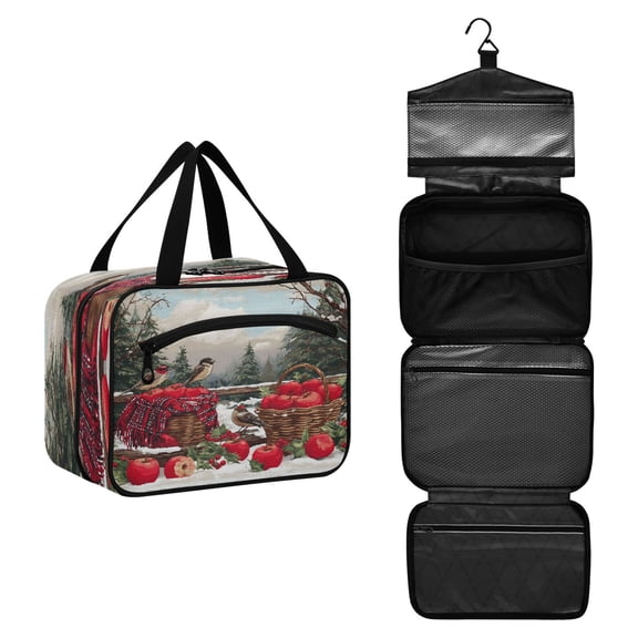 Travel Hanging Toiletry Bag with 4 Zipped Compartments Waterproof Makeup Accessories Spacious Cosmetic Bag Apples and Baskets Large