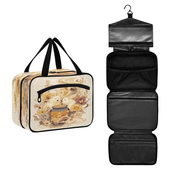 Travel Hanging Toiletry Bag with 4 Zipped Compartments Waterproof Makeup Accessories Spacious Cosmetic Bag Bears Are Eating Honey Large