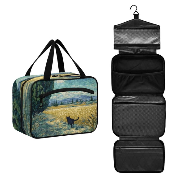 Travel Hanging Toiletry Bag with 4 Zipped Compartments Waterproof Makeup Accessories Spacious Cosmetic Bag Black Cat Walking Fields Medium