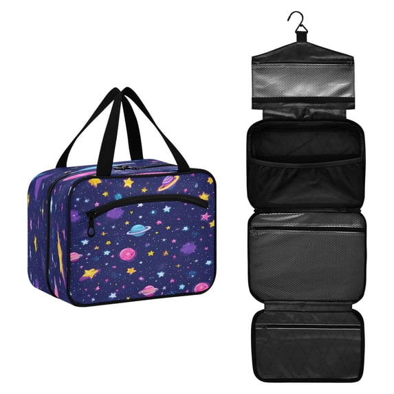 Travel Hanging Toiletry Bag with 4 Zipped Compartments Waterproof Makeup Accessories Spacious Cosmetic Bag Colorful Stars and Planets Pattern Medium