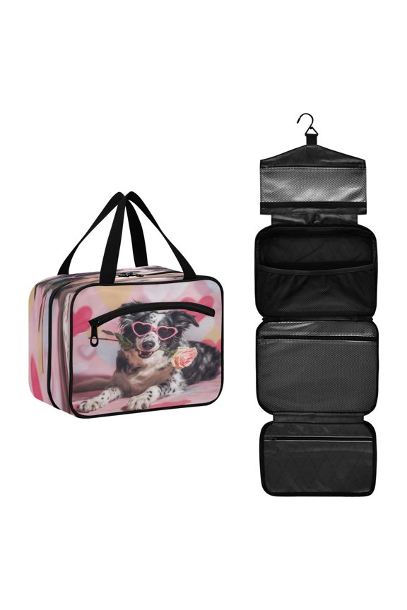 Travel Hanging Toiletry Bag with 4 Zipped Compartments Waterproof Makeup Accessories Spacious Cosmetic Bag Dog Holding A Rose Medium