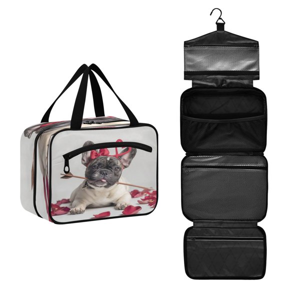 Travel Hanging Toiletry Bag with 4 Zipped Compartments Waterproof Makeup Accessories Spacious Cosmetic Bag Dog with An Arrow in Mouth Medium