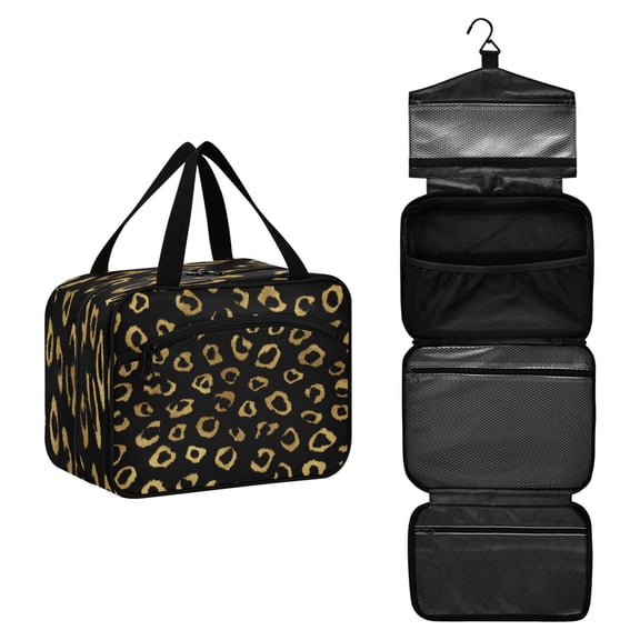 Travel Hanging Toiletry Bag with 4 Zipped Compartments Waterproof Makeup Accessories Spacious Cosmetic Bag Gold Leopard Pattern Medium