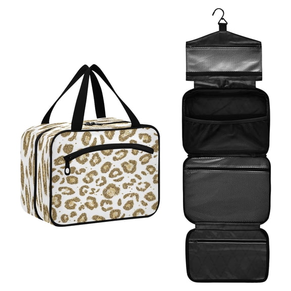 Travel Hanging Toiletry Bag with 4 Zipped Compartments Waterproof Makeup Accessories Spacious Cosmetic Bag Gold Leopard Print Pattern Medium
