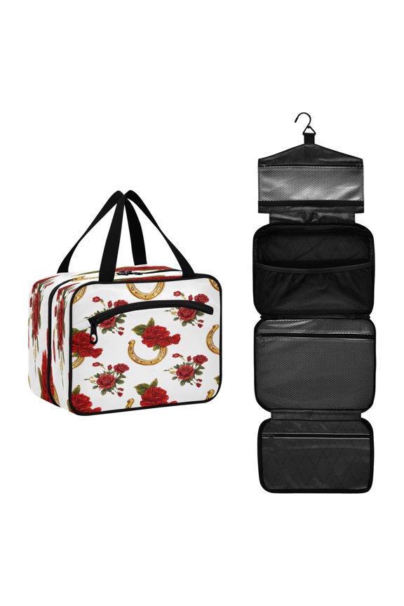 Travel Hanging Toiletry Bag with 4 Zipped Compartments Waterproof Makeup Accessories Spacious Cosmetic Bag Horseshoe Pattern with Red Roses Medium
