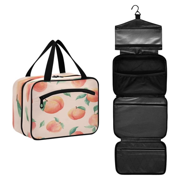 Travel Hanging Toiletry Bag with 4 Zipped Compartments Waterproof Makeup Accessories Spacious Cosmetic Bag Pale Pink Peach's Pattern Medium