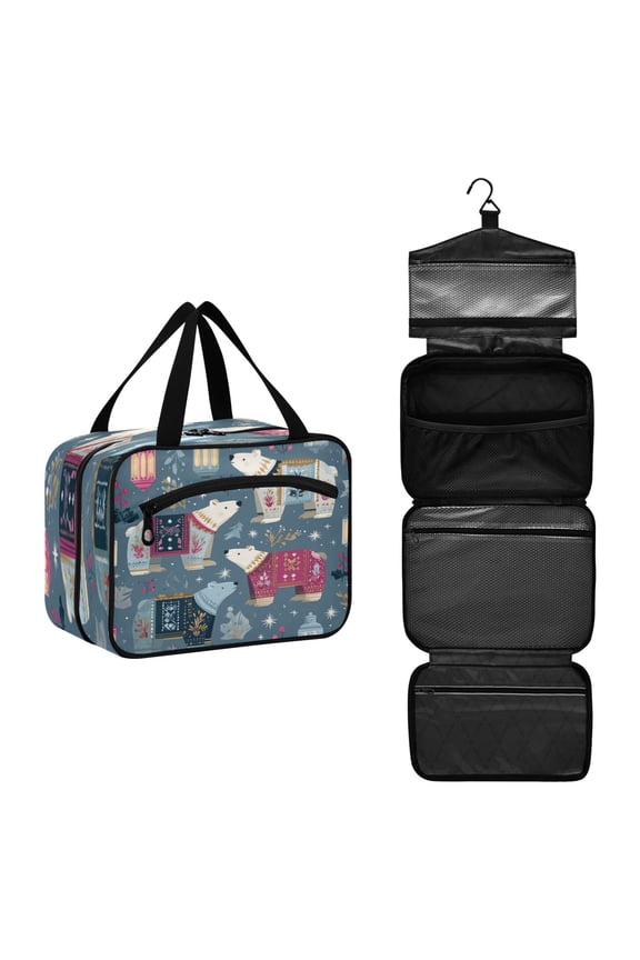 Travel Hanging Toiletry Bag with 4 Zipped Compartments Waterproof Makeup Accessories Spacious Cosmetic Bag Polar Bear Pattern Large