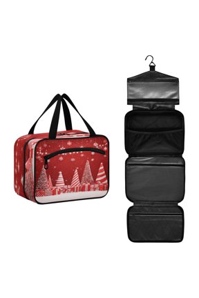 Travel Hanging Toiletry Bag with 4 Zipped Compartments Waterproof Makeup Accessories Spacious Cosmetic Bag Red Christmas Tree and Lights Large