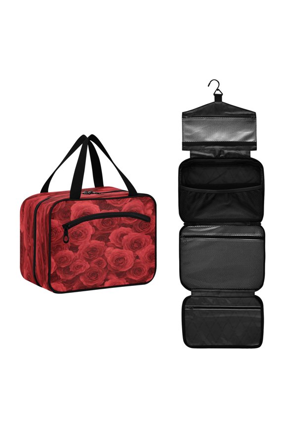 Travel Hanging Toiletry Bag with 4 Zipped Compartments Waterproof Makeup Accessories Spacious Cosmetic Bag Romantic Red Roses in Rows Medium