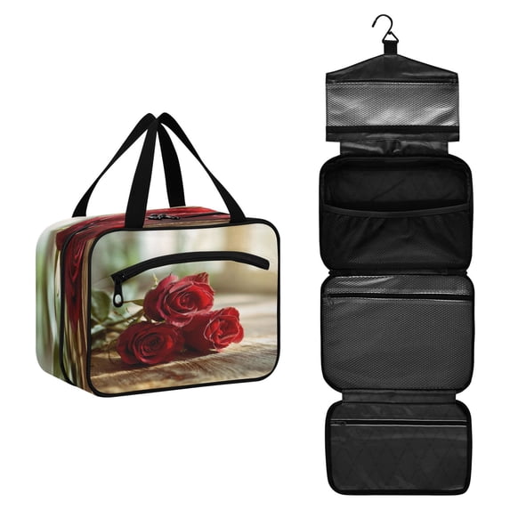 Travel Hanging Toiletry Bag with 4 Zipped Compartments Waterproof Makeup Accessories Spacious Cosmetic Bag Roses on Wooden Table Medium