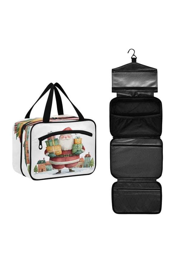 Travel Hanging Toiletry Bag with 4 Zipped Compartments Waterproof Makeup Accessories Spacious Cosmetic Bag Santa Claus Holding Gifts Medium