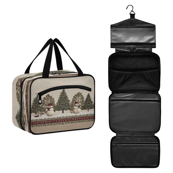 Travel Hanging Toiletry Bag with 4 Zipped Compartments Waterproof Makeup Accessories Spacious Cosmetic Bag Snowmen and Deer in The Forest Medium