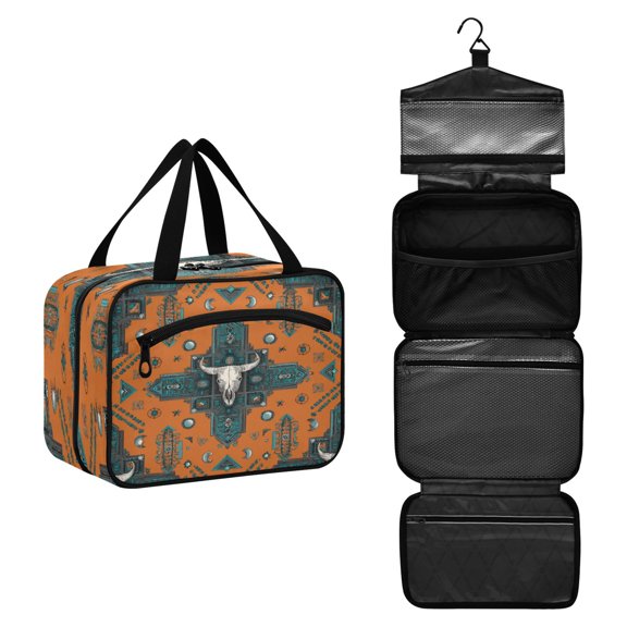 Travel Hanging Toiletry Bag with 4 Zipped Compartments Waterproof Makeup Accessories Spacious Cosmetic Bag Western-style Cowhorn Skulls Medium