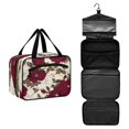 thumbnail image 1 of Travel Hanging Toiletry Bag with 4 Zipped Compartments Waterproof Makeup Accessories Spacious Cosmetic Bag White and Crimson Roses Pattern Medium, 1 of 9