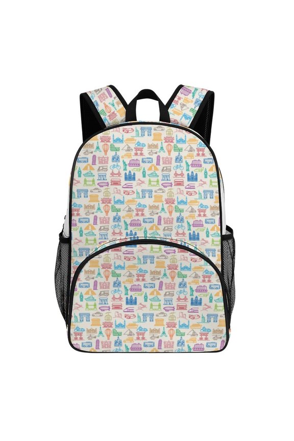 Travel Icons Colorful Pattern Design Big Student Laptop Backpack For College Women Middle High Teen Bookbag Travel Daypack