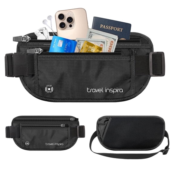 Travel Inspira Travel Money Belt with Slim Anti-Theft RFID Blocking Passport Holder for Travel Concealed under Clothes for Ultimate Protection of Credit Cards, Cash, Passport & Documents, Black