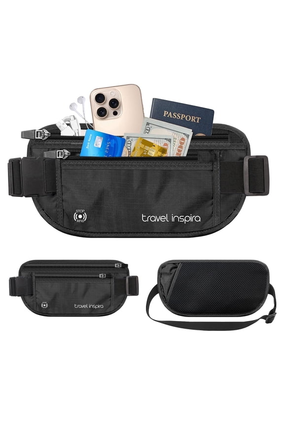 Travel Money Belt with Slim Anti-Theft RFID Blocking Passport Holder for Travel Concealed under Clothes for Ultimate Protection of Credit Cards, Cash, Passport & Documents, Black