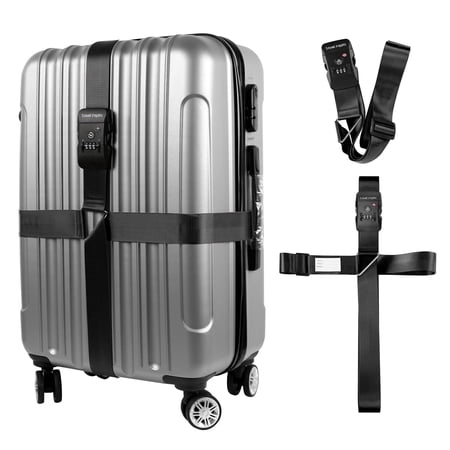 Travel Inspira Luggage Straps TSA Approved Suitcase Belt Adjustable Length 3-Dial Combination Lock and Cross Luggage Suitcase Security - Black
