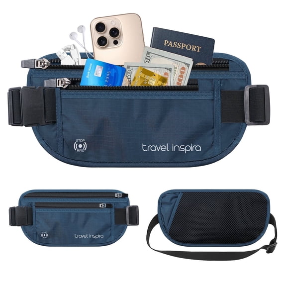 Travel Inspira Travel Money Belt with Slim Anti-Theft RFID Blocking Passport Holder for Travel Concealed under Clothes for Ultimate Protection of Credit Cards, Cash, Passport & Documents, Navy Blue