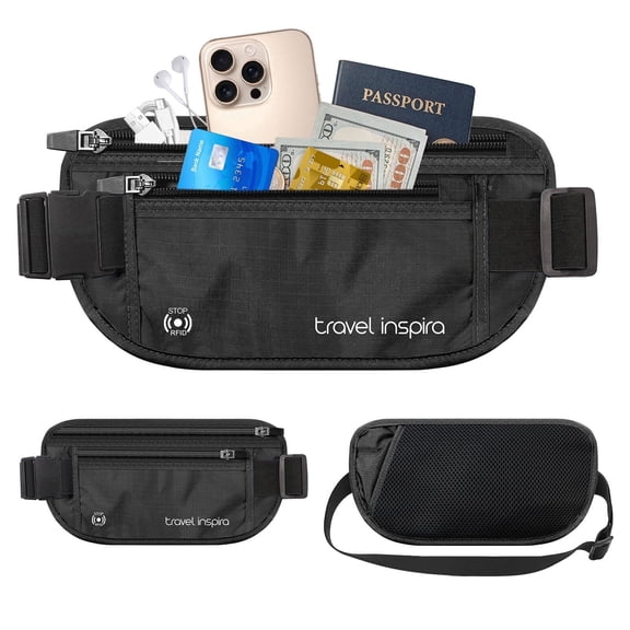 Travel Inspira Travel Money Belt with Slim Anti-Theft RFID Blocking Passport Holder for Travel Concealed under Clothes for Ultimate Protection of Credit Cards, Cash, Passport & Documents, Black