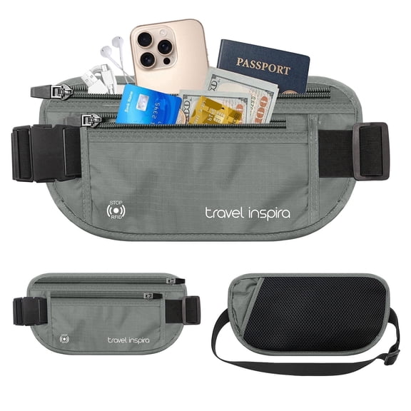Travel Inspira Travel Money Belt with Slim Anti-Theft RFID Blocking Passport Holder for Travel Concealed under Clothes for Ultimate Protection of Credit Cards, Cash, Passport & Documents, Grey