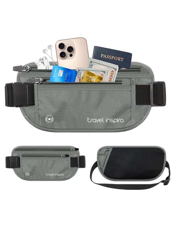 Travel Money Belt with Slim Anti-Theft RFID Blocking Passport Holder for Travel Concealed under Clothes for Ultimate Protection of Credit Cards, Cash, Passport & Documents, Grey