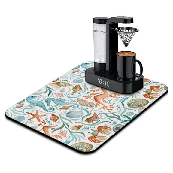 Travel-Inspired Nautical Coffee Mat – Beach Voyage Map and Lighthouse Anchor Theme Drying Mat, Durable and Quick Dry Diatom Pad