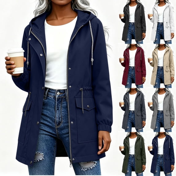 Travel Jacket for Women with Pockets Solid Color Mid Length Hooded Drawstring Waterproof Jacket With Snap Button And Zip Closure Elastic Cuffs And Back Cord Casual Outdoor Windbreaker