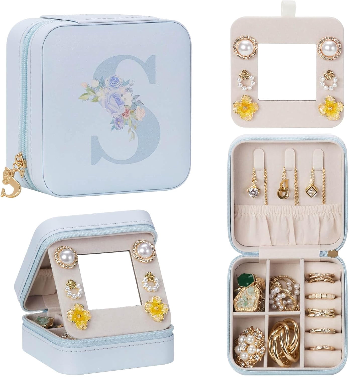 Travel Jewelry Box For Gift: Traveling Jewelry Case For Girls Women - Mini Organizer For Necklaces Earrings Blue S[Z1]