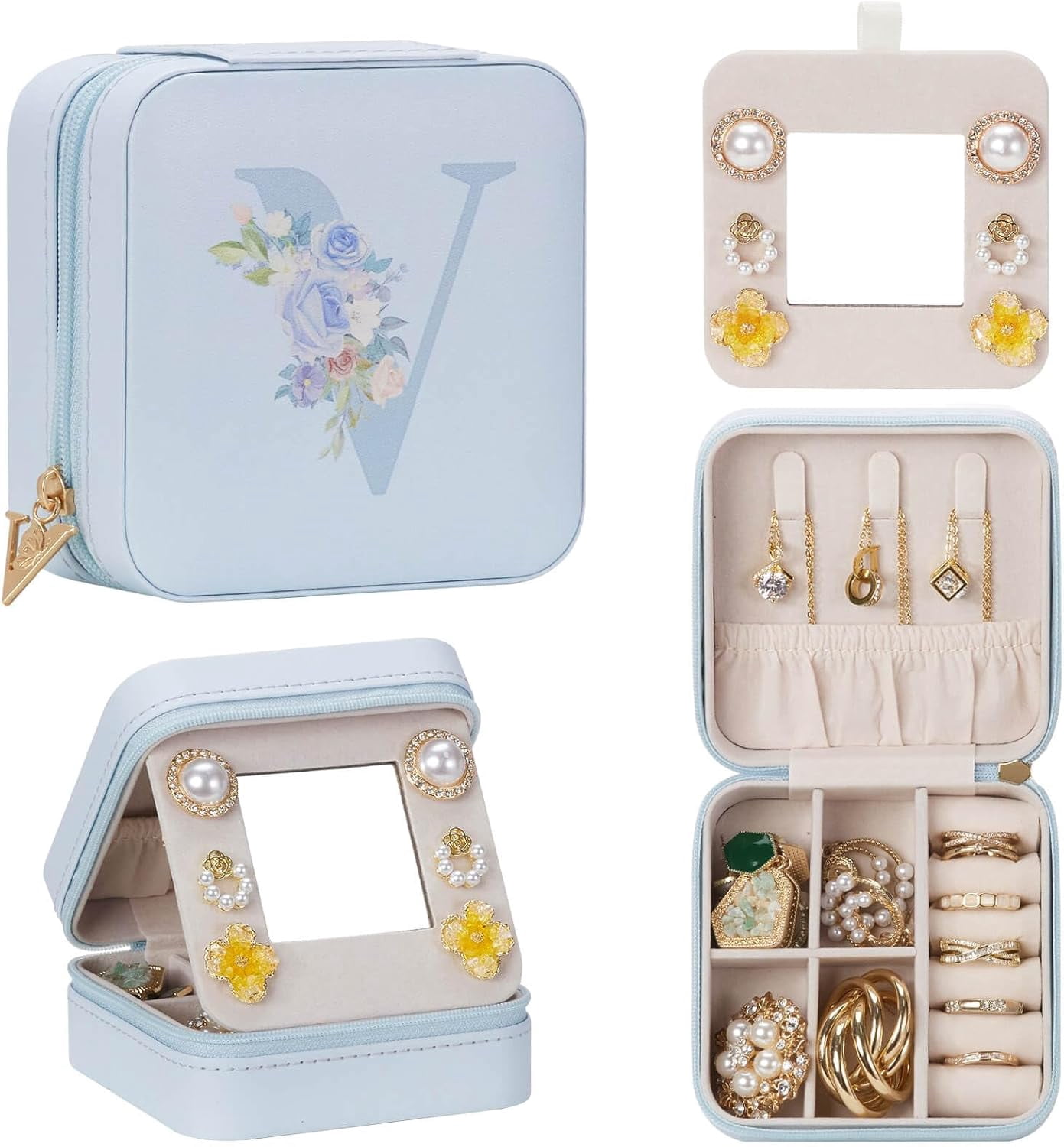 Travel Jewelry Box For Gift: Traveling Jewelry Case For Girls Women - Mini Organizer For Necklaces Earrings Blue V[Z1]