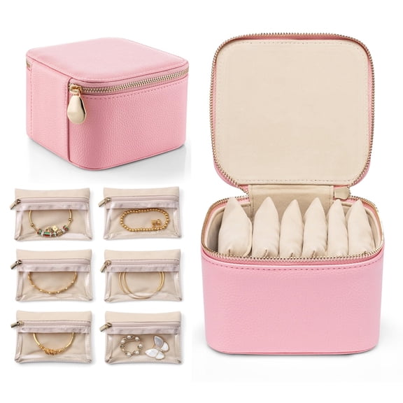 Travel Jewelry Box Organizer - 6 Small Velvet Zipped Pouches Pockets for Jewelries Necklaces Rings Earrings Sorting Storage, Strawberry Pink