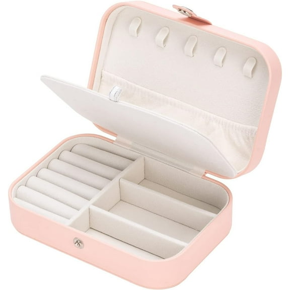 Travel Jewelry Box, PU Leather Small Jewelry Organizer for Women Girls, Double Layer Portable Mini Travel Case Display Storage Holder Boxes for Stud Earrings, Rings, Necklaces, Bracelets (Pink)