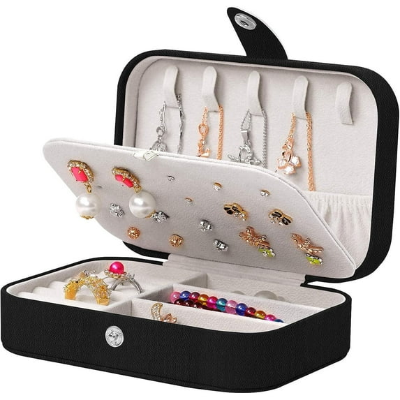 Travel Jewelry Box for Women Girls, 2 Layer Travel Jewlery Case, Leather Mini Portable Jewerly Storage Display Holder for Earrings, Ring, Necklaces, Bracelets - Black