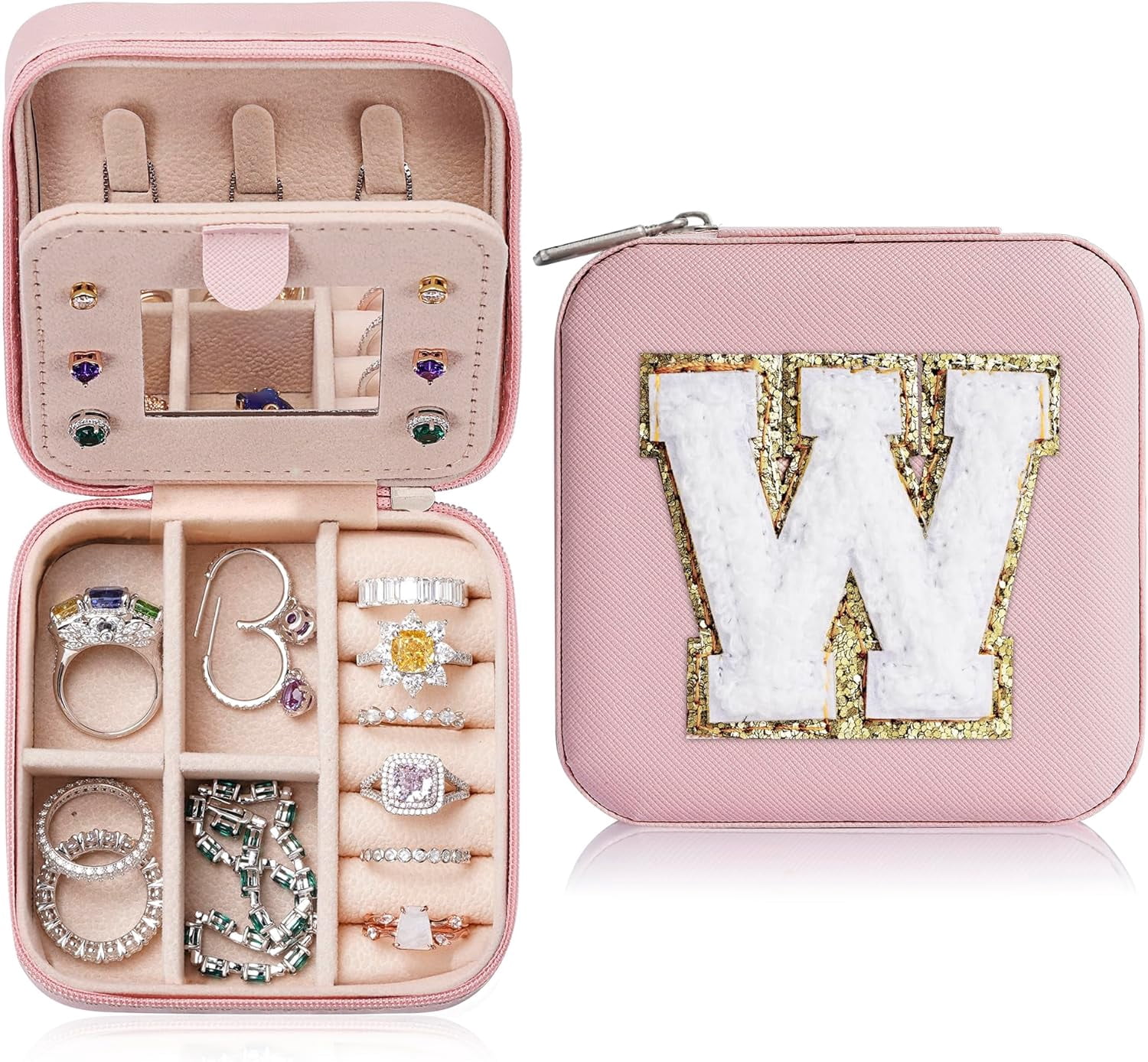 Travel Jewelry Box For Women Girls, W Initial Jewelry Box For Teen Girls | Small Jewelry Box Travel Jewelry Box For Women | Travel Jewelry Case Travel Gifts For Women - Letter W, Pink[Z1]