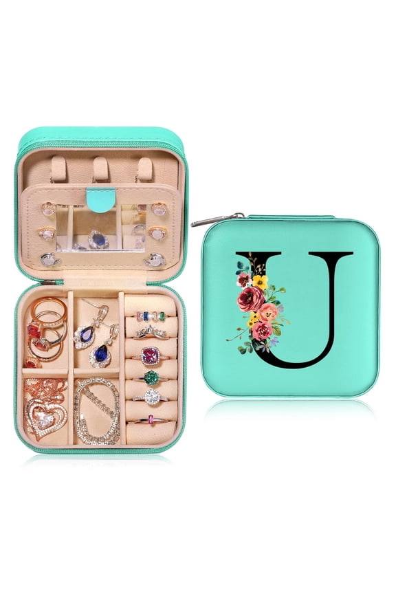 Travel Jewelry Box for Women Portable Travel Essentials Small Jewelry Box Initial Organizer With Mirror Gifts for Women Girlfriend Wife Mother Daughter