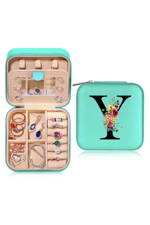 Travel Jewelry Box for Women Portable Travel Essentials Small Jewelry Box Initial Organizer With Mirror Gifts for Women Girlfriend Wife Mother Daughter