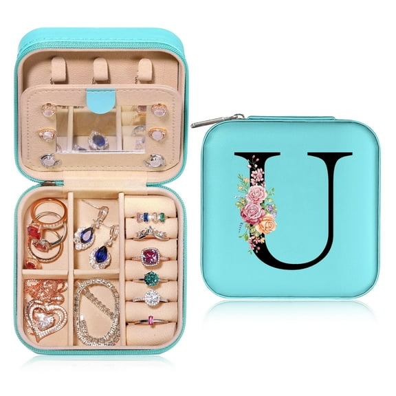 Travel Jewelry Box for Women Small Portable Travel Jewelry Box for Women Initial Organizer With Mirror Gifts for Girlfriend Wife Mother Daughter